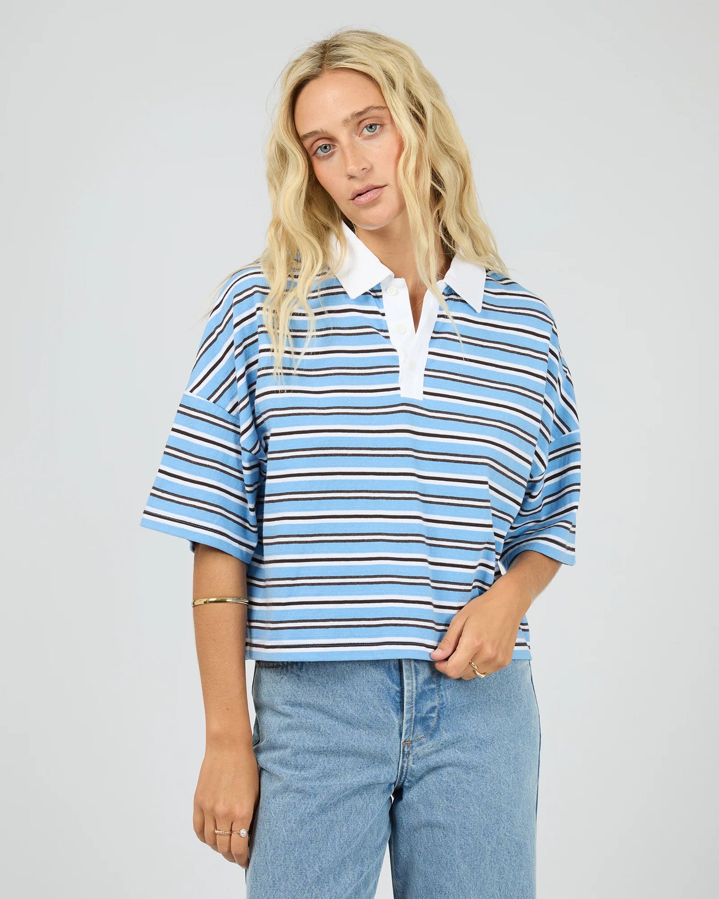 ALL ABOUT EVE Junie Stripe Rugby Tee Blue
