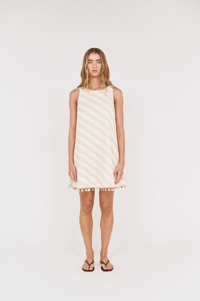 MINK PINK Kaia Shell Tassel Mini Dress Beige Stripe