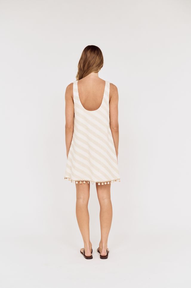 MINK PINK Kaia Shell Tassel Mini Dress Beige Stripe