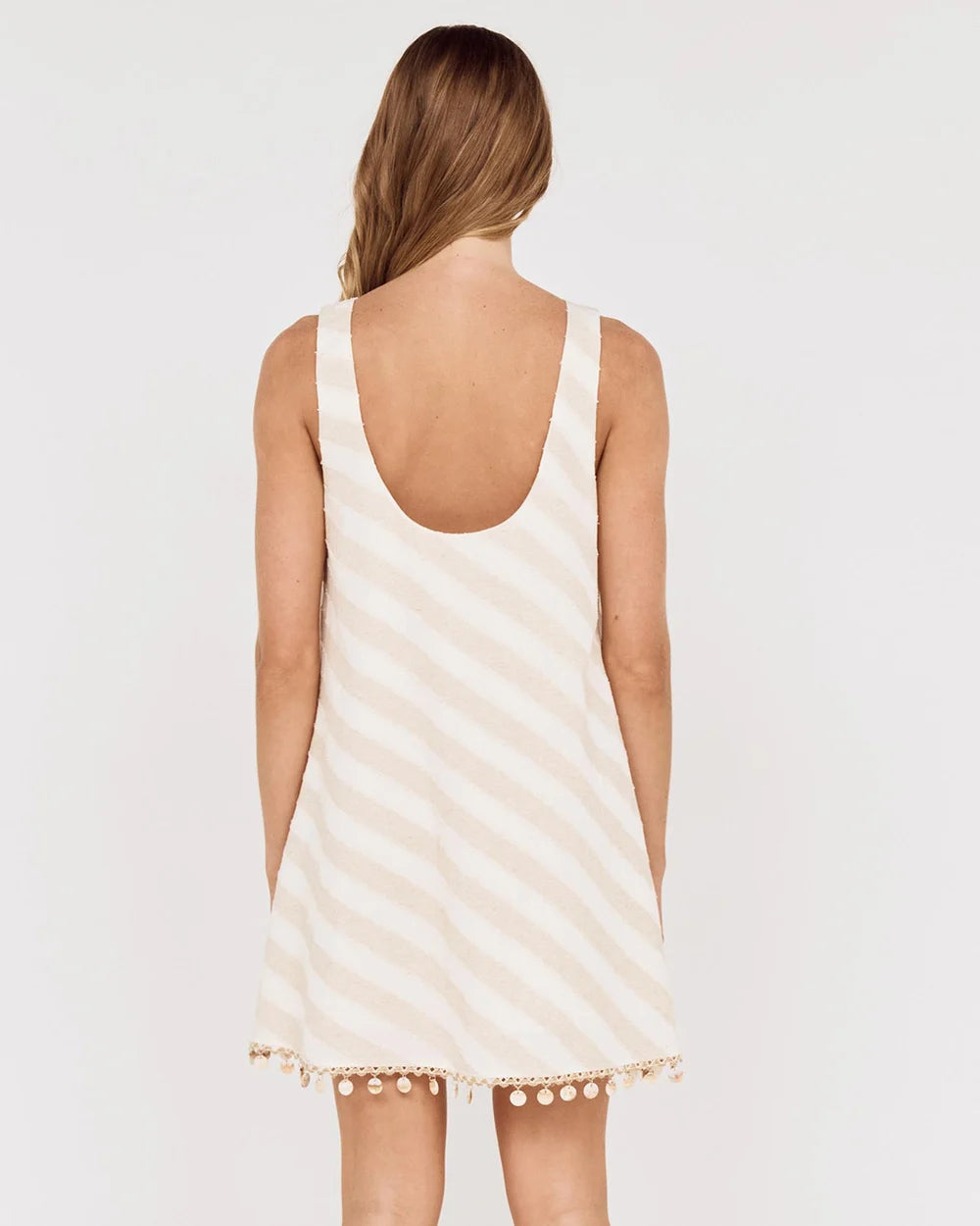 MINK PINK Kaia Shell Tassel Mini Dress Beige Stripe