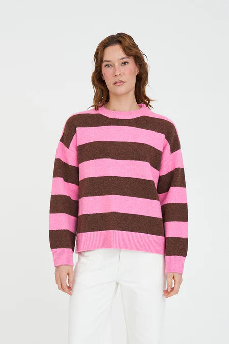 HUFFER Kenzie Stripe Knit Crew Petal/Chestnut