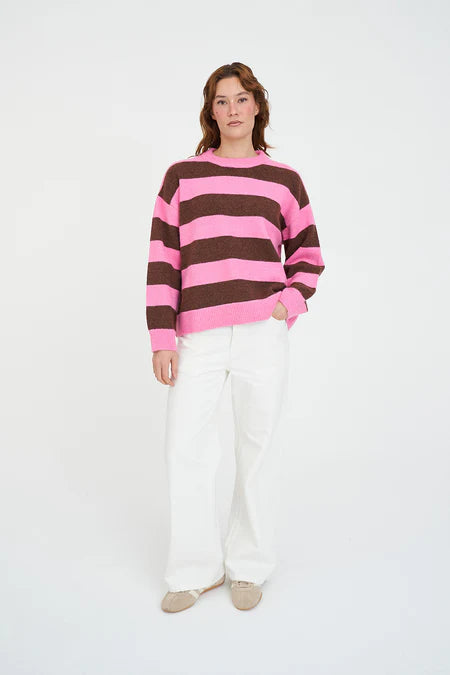 HUFFER Kenzie Stripe Knit Crew Petal/Chestnut