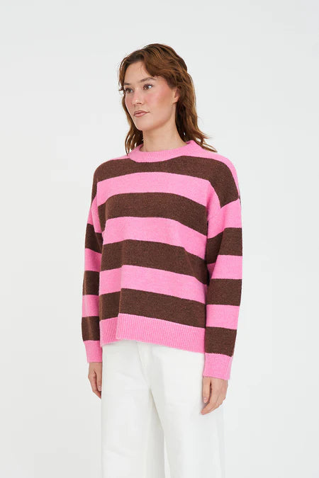 HUFFER Kenzie Stripe Knit Crew Petal/Chestnut