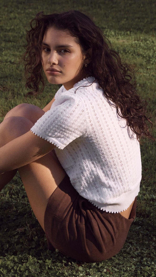 MINK PINK Lila Pointelle Knit Tee White