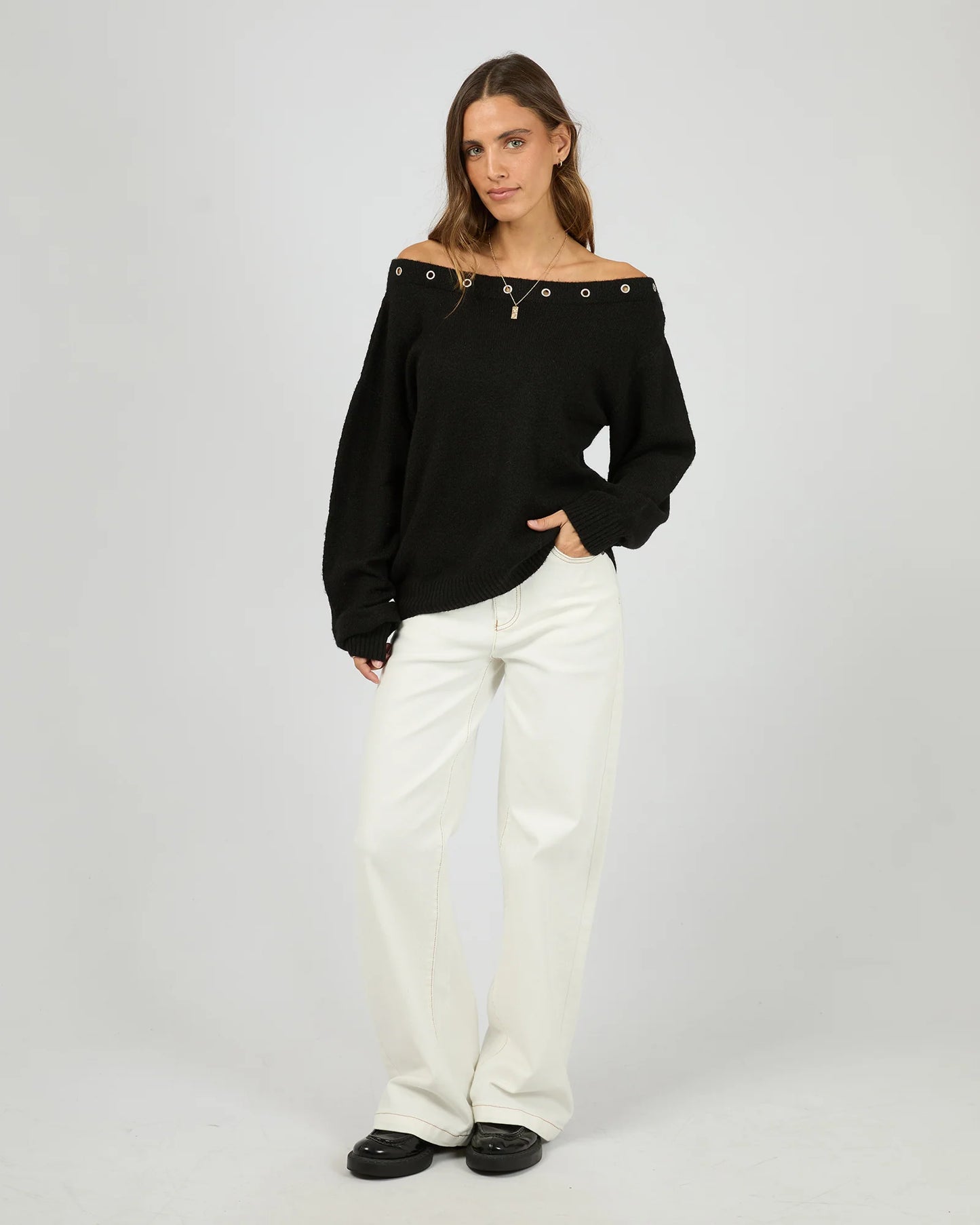 ALL ABOUT EVE Lua Long Sleeve Off Shoulder Top Black