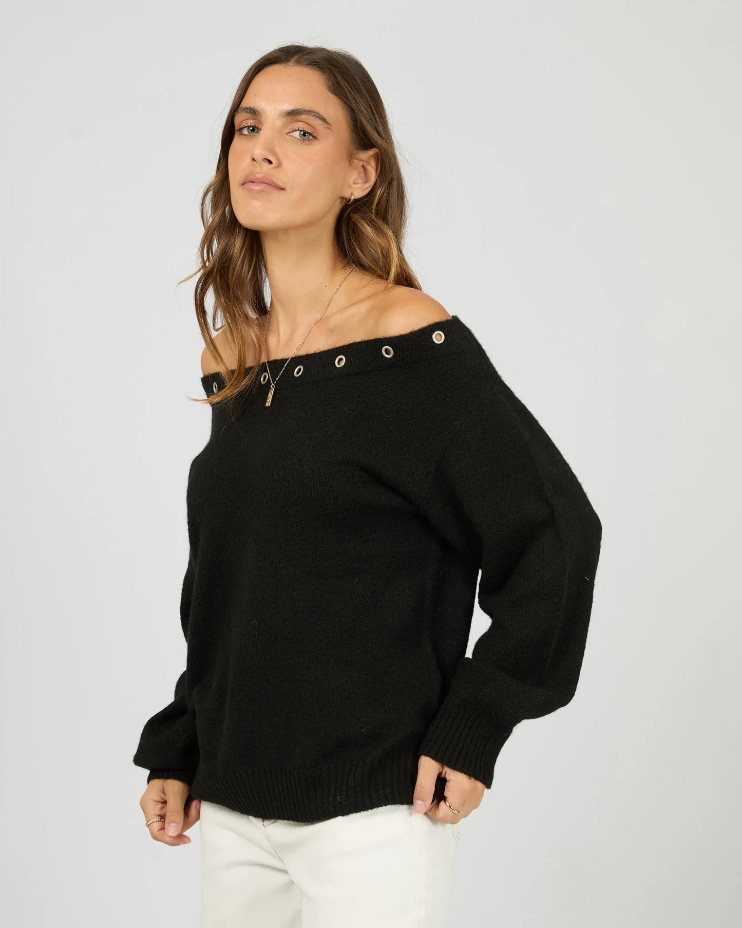 ALL ABOUT EVE Lua Long Sleeve Off Shoulder Top Black