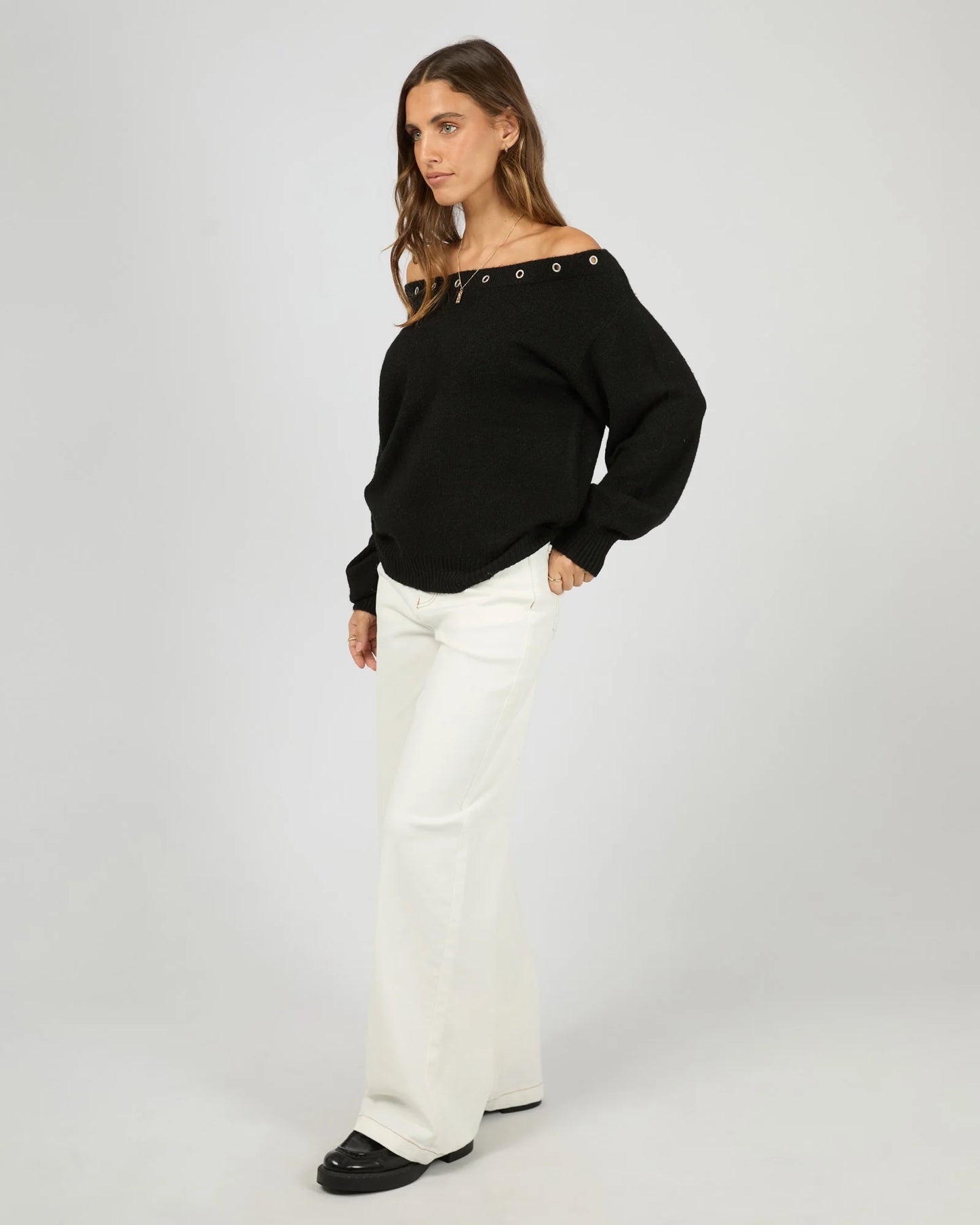 ALL ABOUT EVE Lua Long Sleeve Off Shoulder Top Black