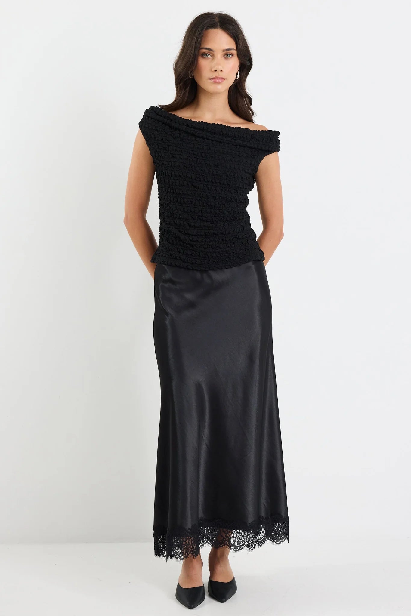 GEORGIA ZOE Margarita Satin Lace Trim Skirt Black