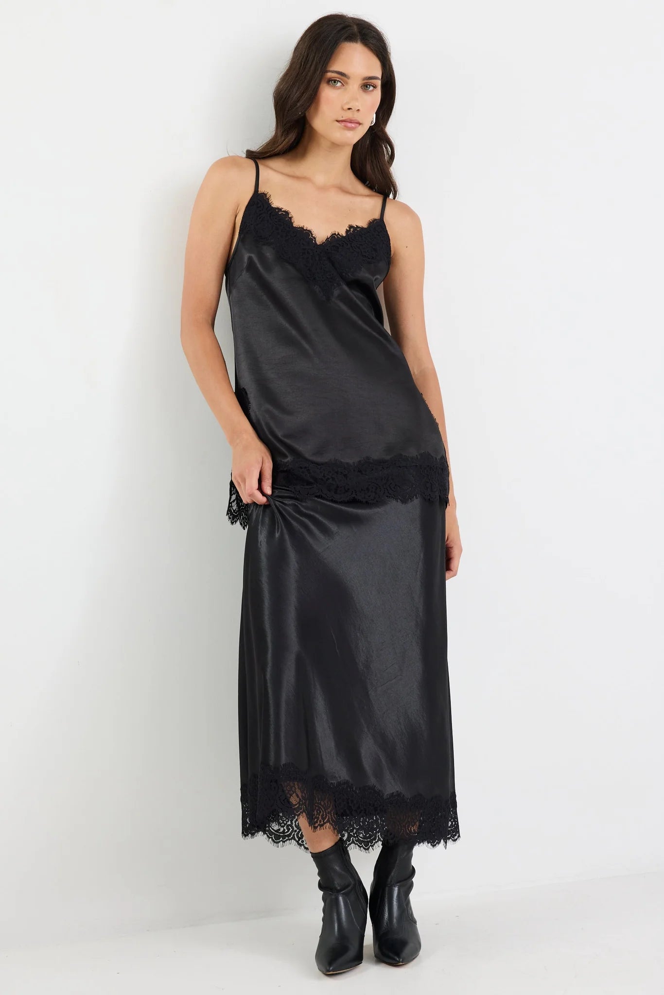 GEORGIA ZOE Margarita Satin Lace Trim Skirt Black