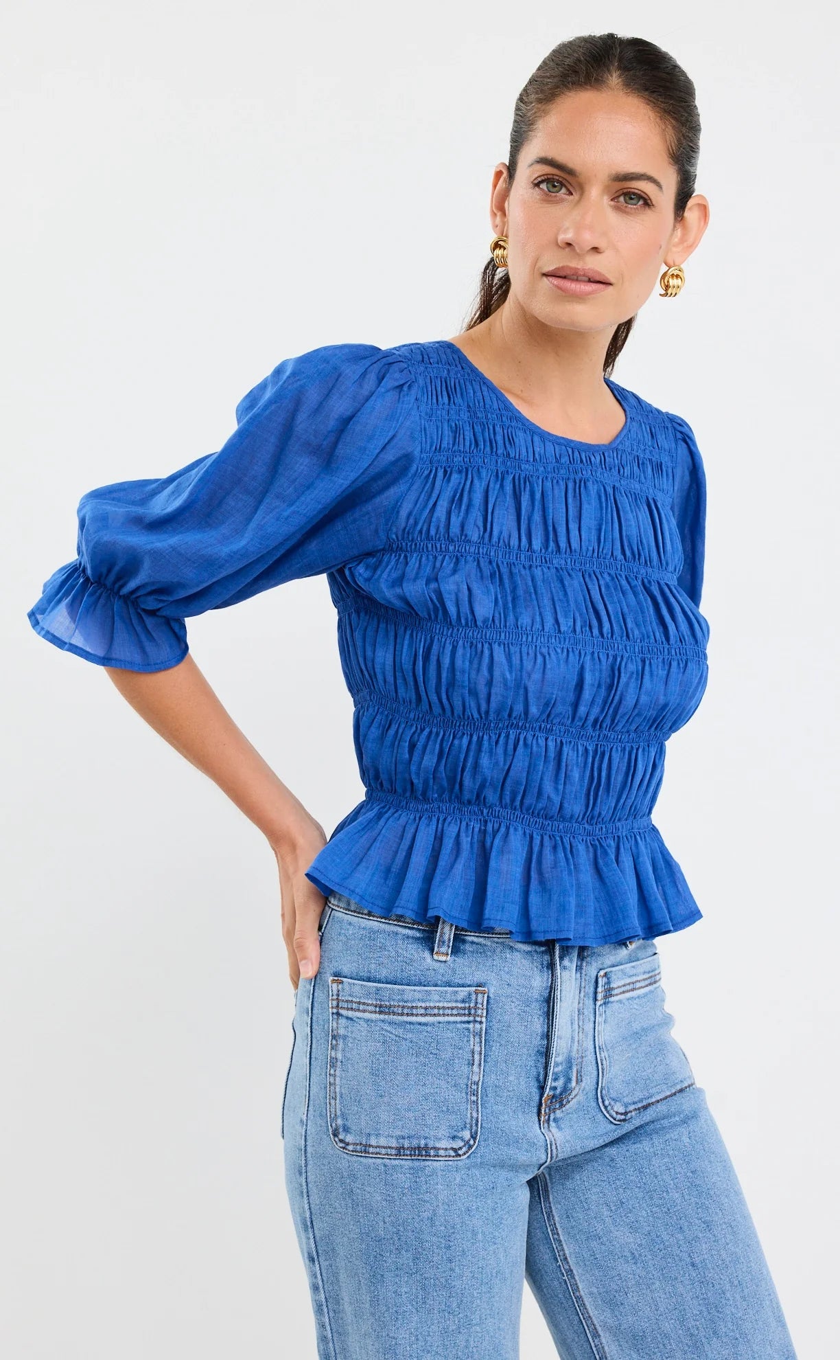 IVY + JACK Melodic Azure Blue Shirred Blue Top