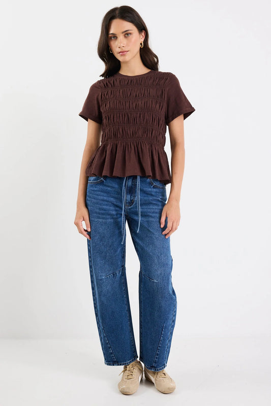 STORIES BE TOLD Neat Chocolate Slub Shirred Tee