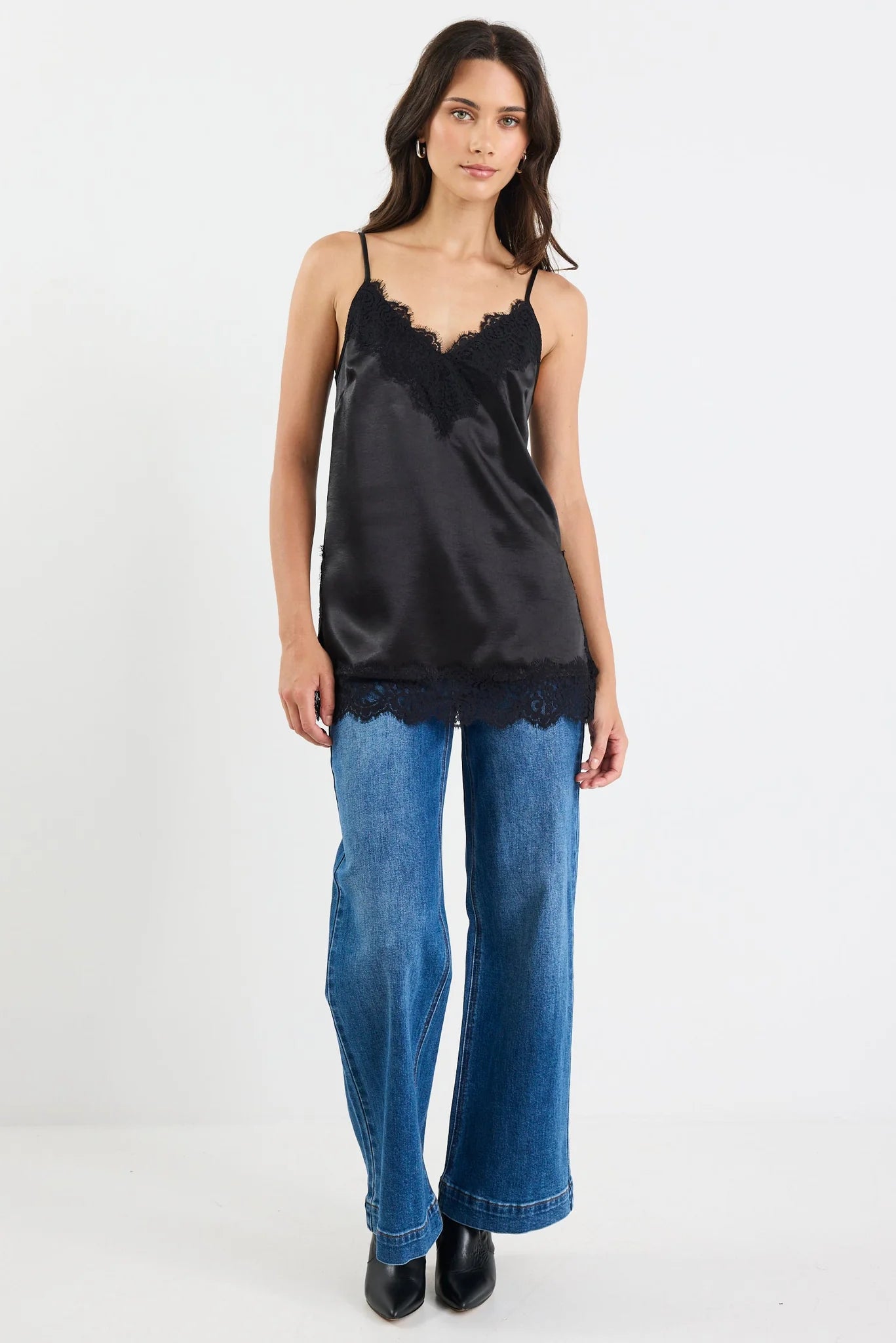 GEORGIA ZOE Noir Black Satin Lace Trim Cami Singlet Top
