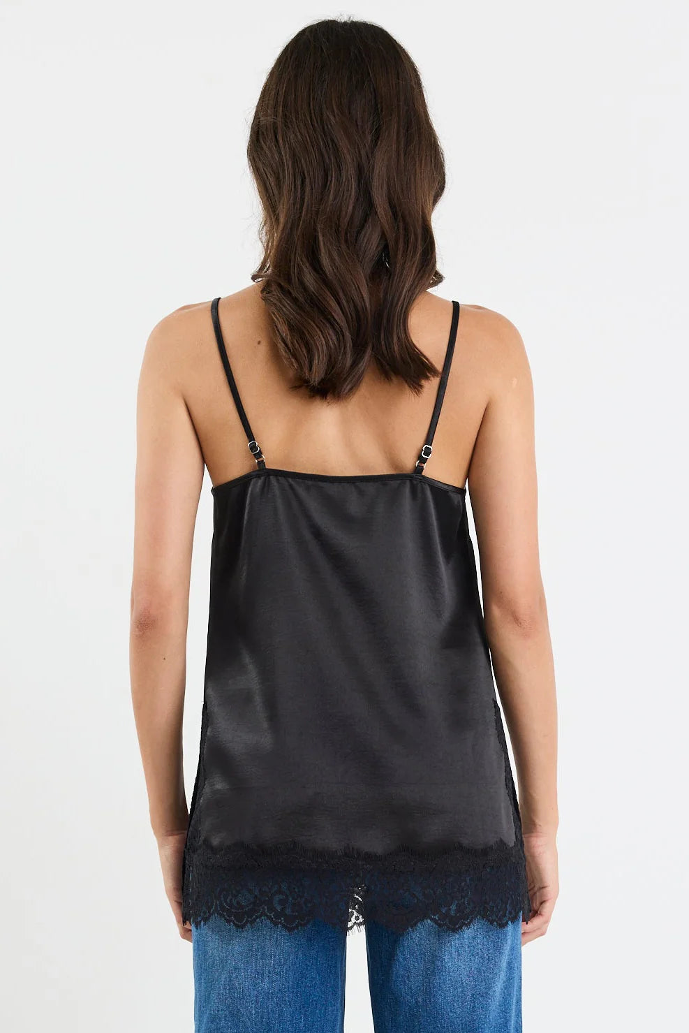 GEORGIA ZOE Noir Black Satin Lace Trim Cami Singlet Top