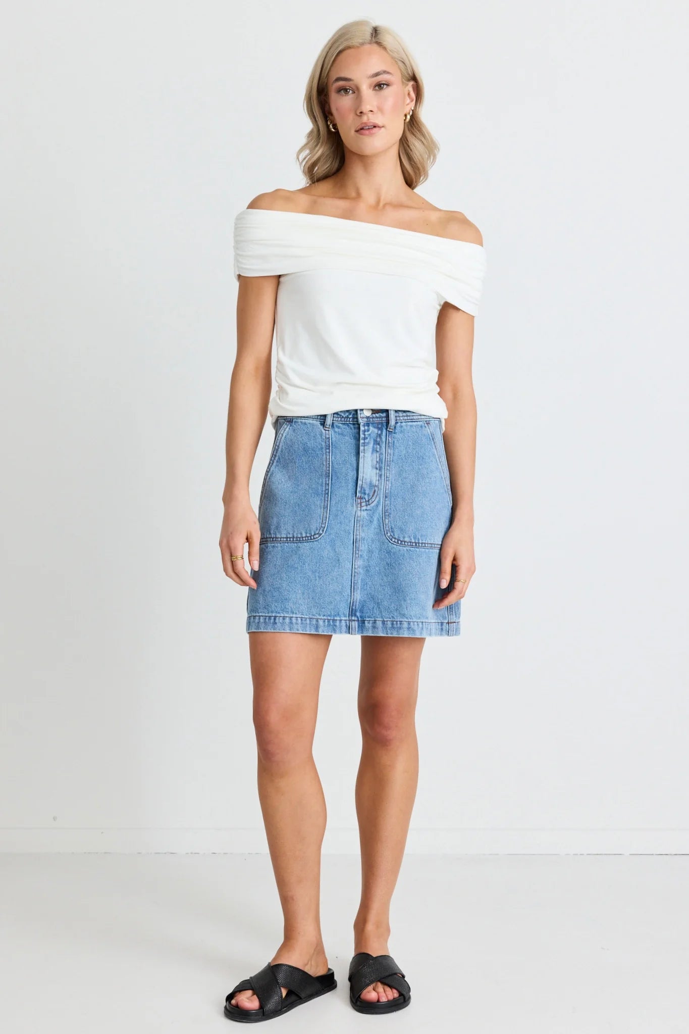 IVY + JACK Orchard Pocket Front Denim Skirt Mid Blue