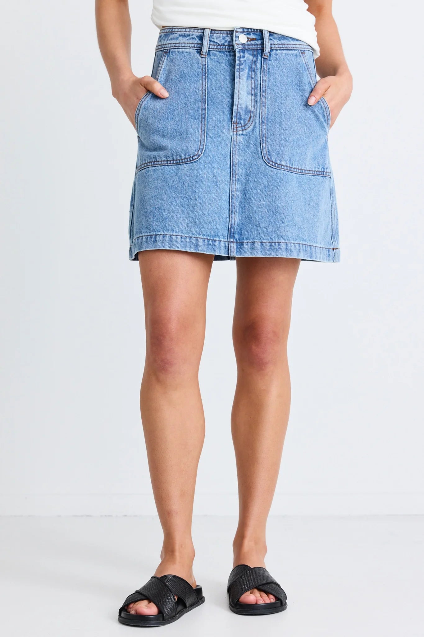 IVY + JACK Orchard Pocket Front Denim Skirt Mid Blue