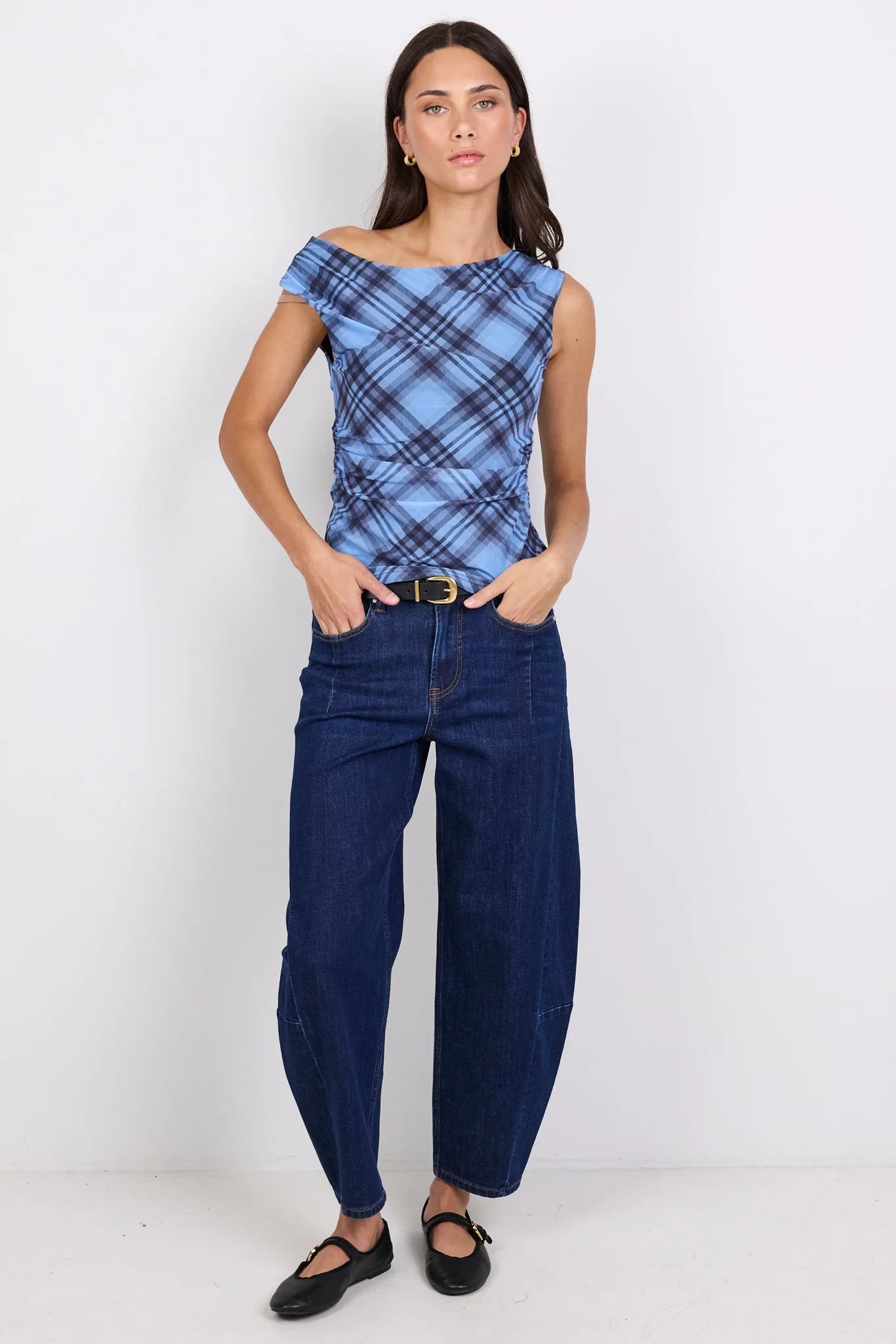 AMONG THE BRAVE Ponder Blue Check Mesh Top