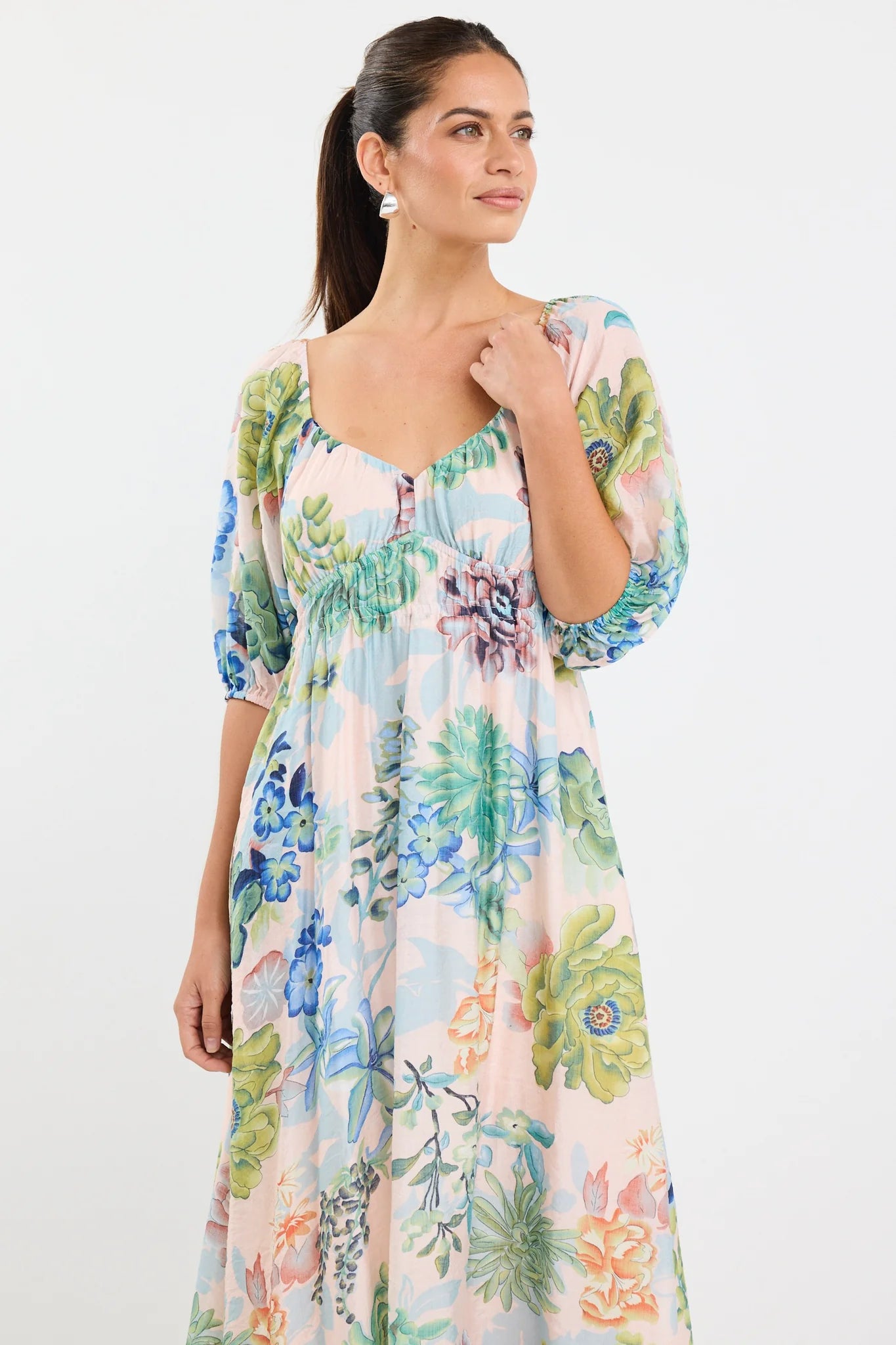 IVY + JACK Posy Sweetheart Puff Sleeve Dress Blue Posy Print