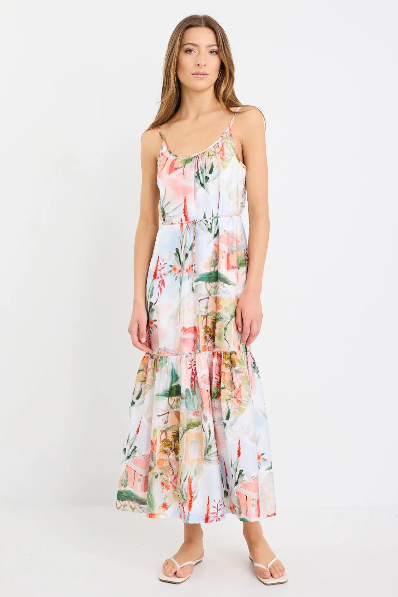 AMONG THE BRAVE Relax Tuscan Sunset Strappy Tiered Maxi Tiered  Dress