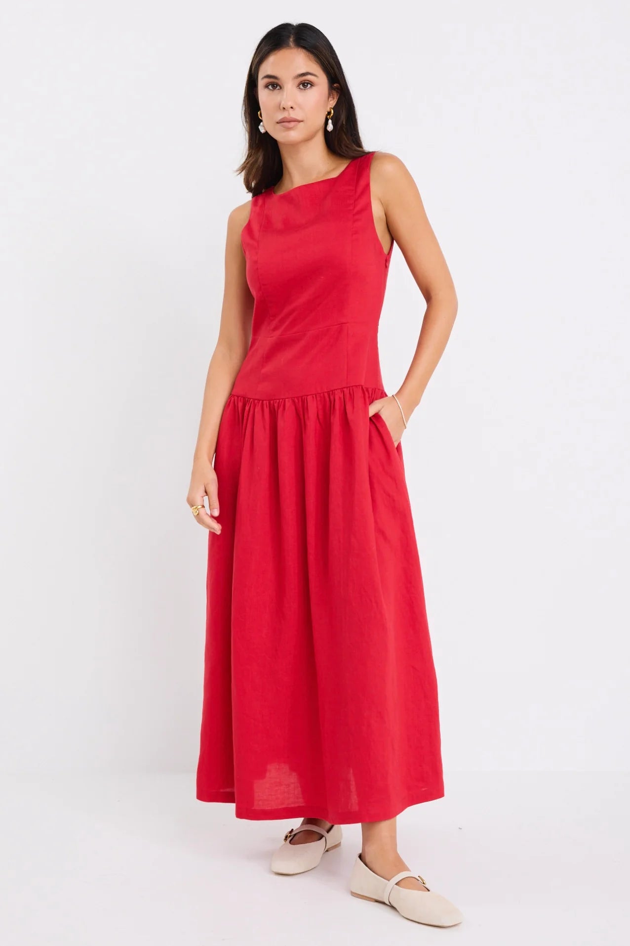 STORIES BE TOLD Results Red Linen Blend Dress