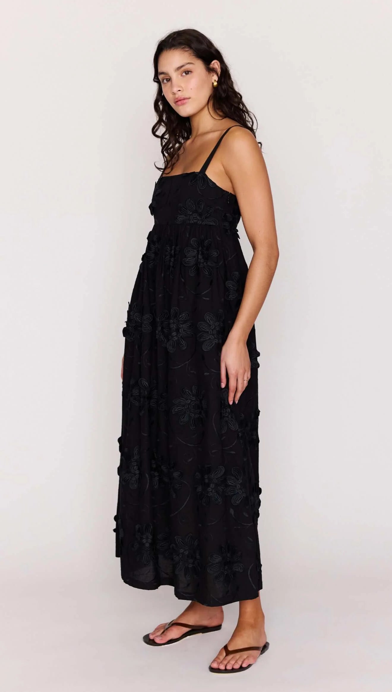 MINK PINK Roma Black Tiered Cotton Applique Midi Dress