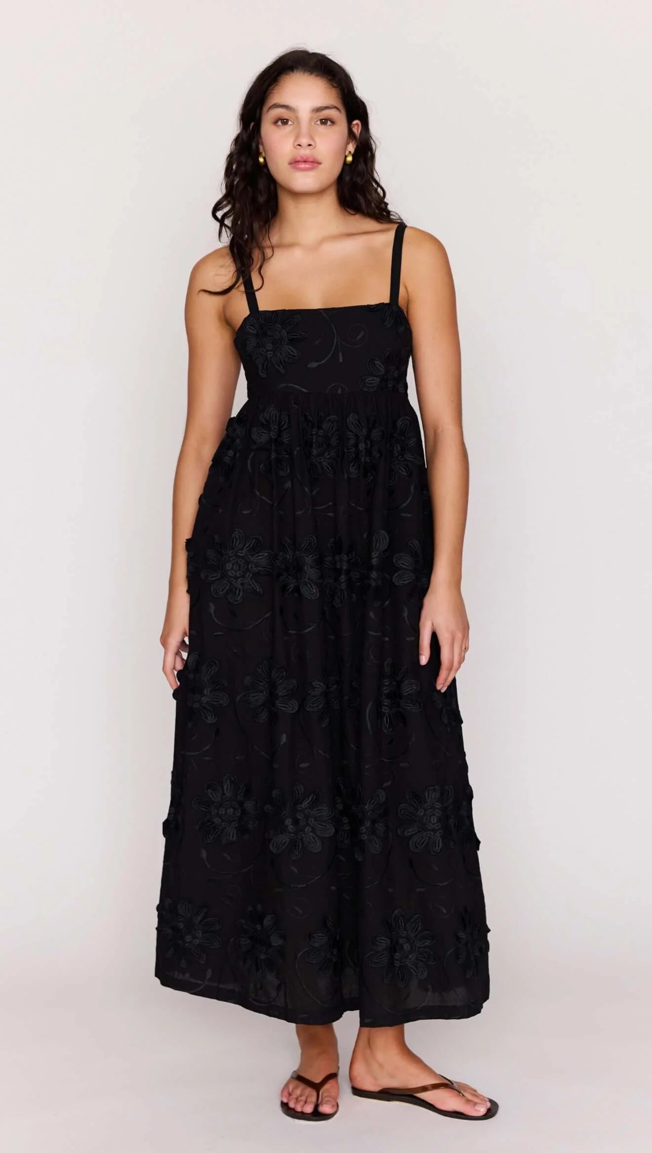 MINK PINK Roma Black Tiered Cotton Applique Midi Dress