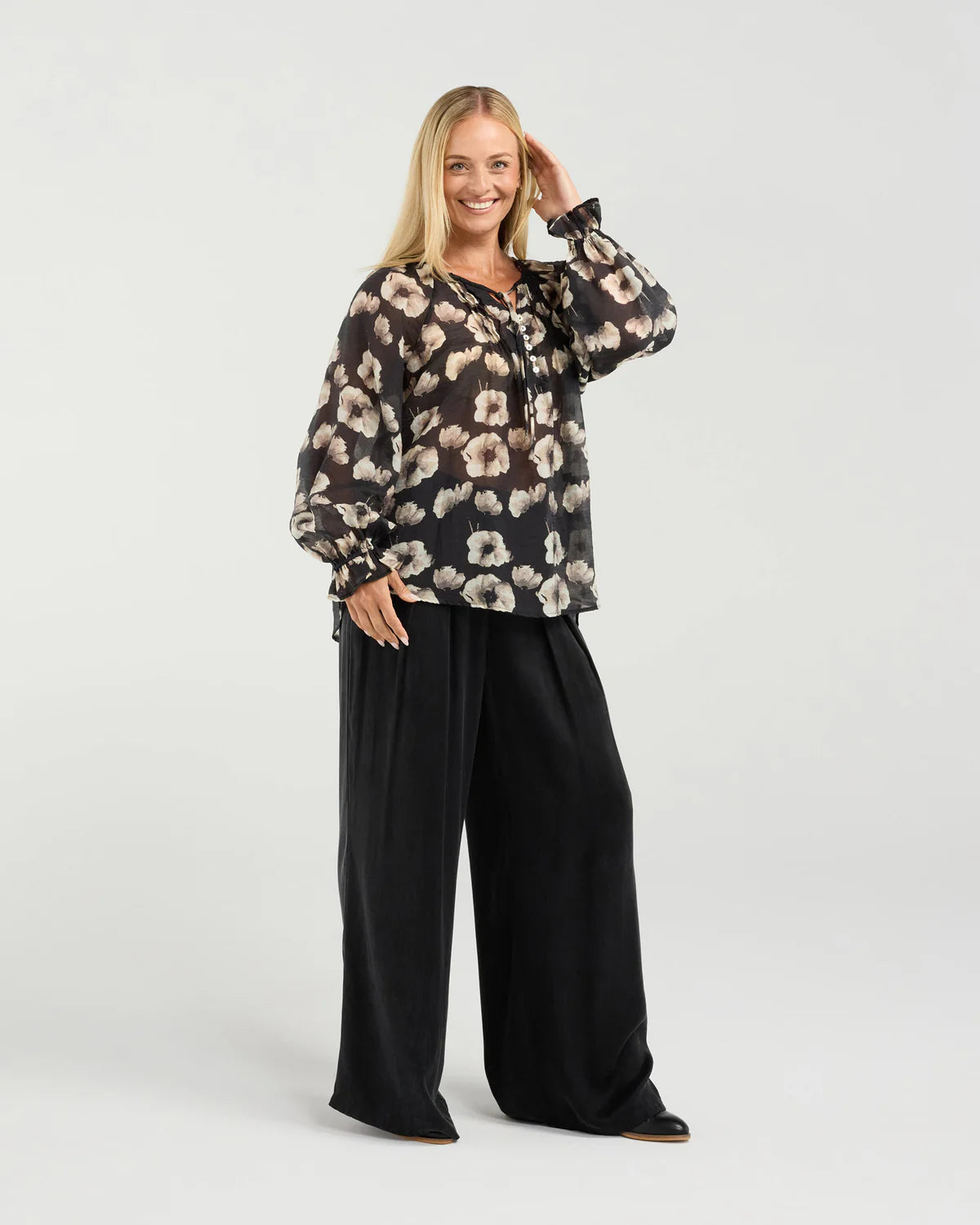 BLACKSTONE Samantha Pinstitch Detail Blouse Black Poppy