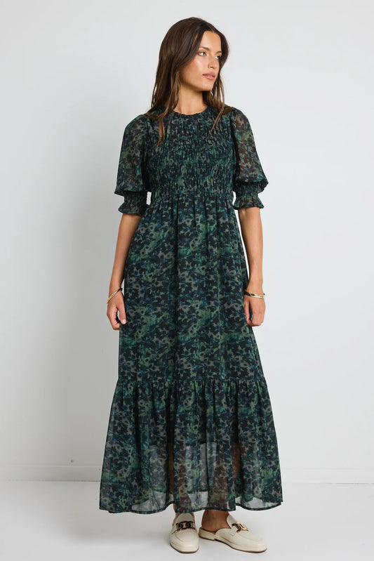 IVY+JACK Showcase Khaki Ditsy Print Georgette Puff Sleeve Dress