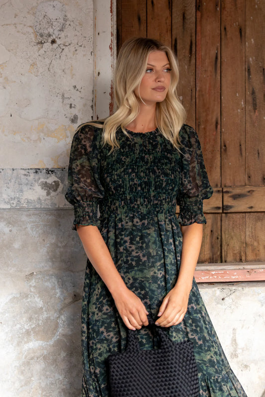 IVY+JACK Showcase Khaki Ditsy Print Georgette Puff Sleeve Dress
