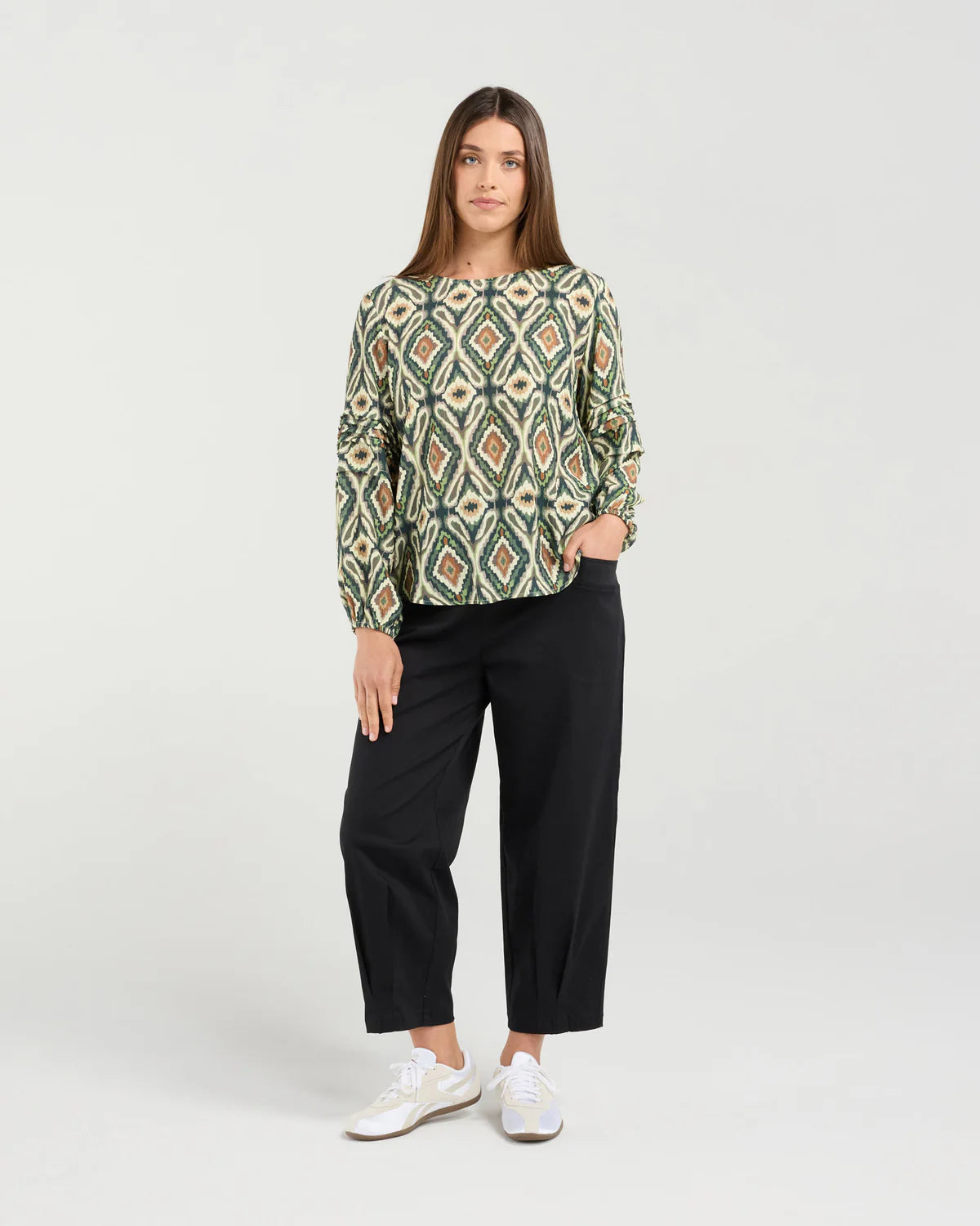 BLACKSTONE Skylar Pintuck Sleeve Top Eden Green Aztec