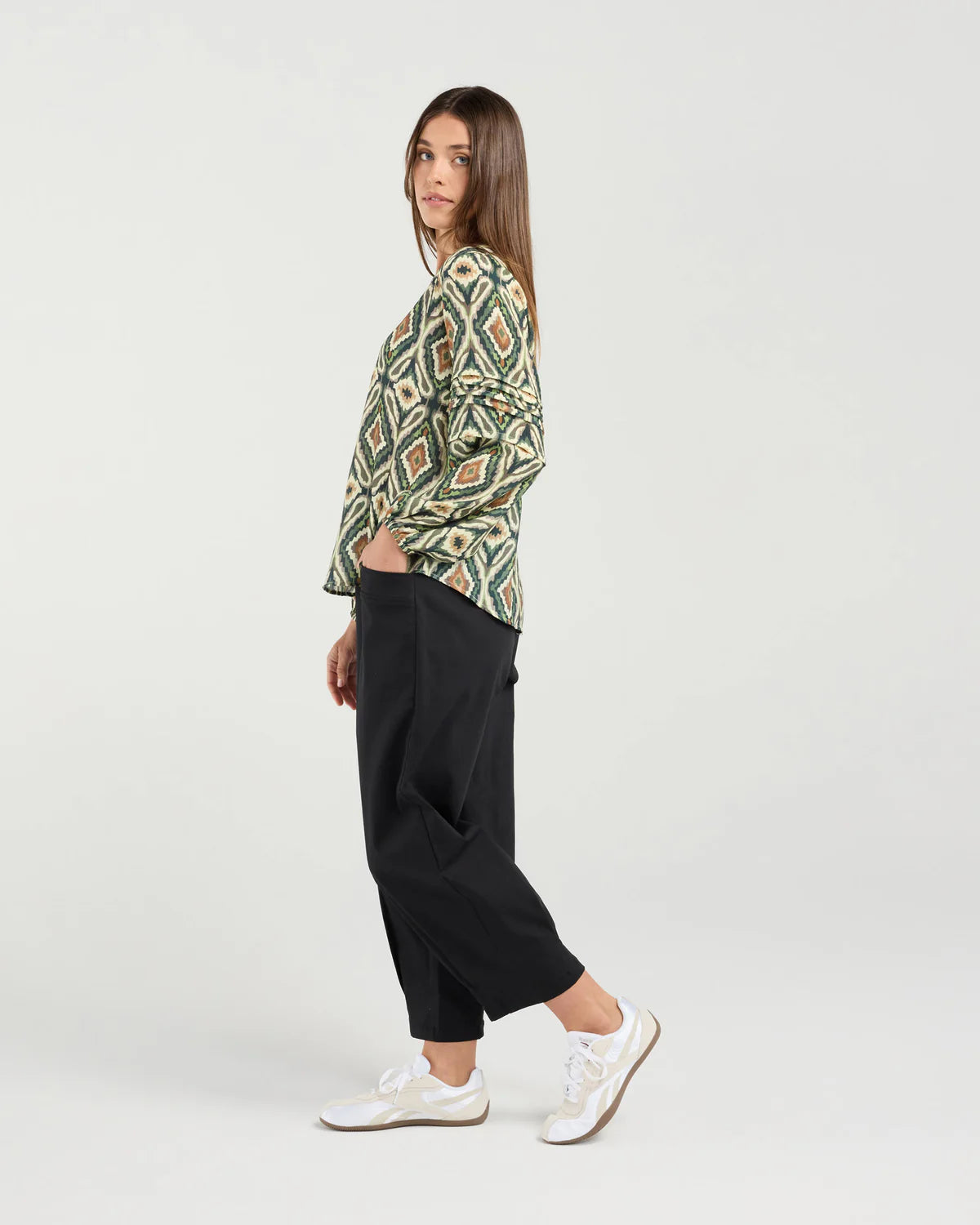 BLACKSTONE Skylar Pintuck Sleeve Top Eden Green Aztec