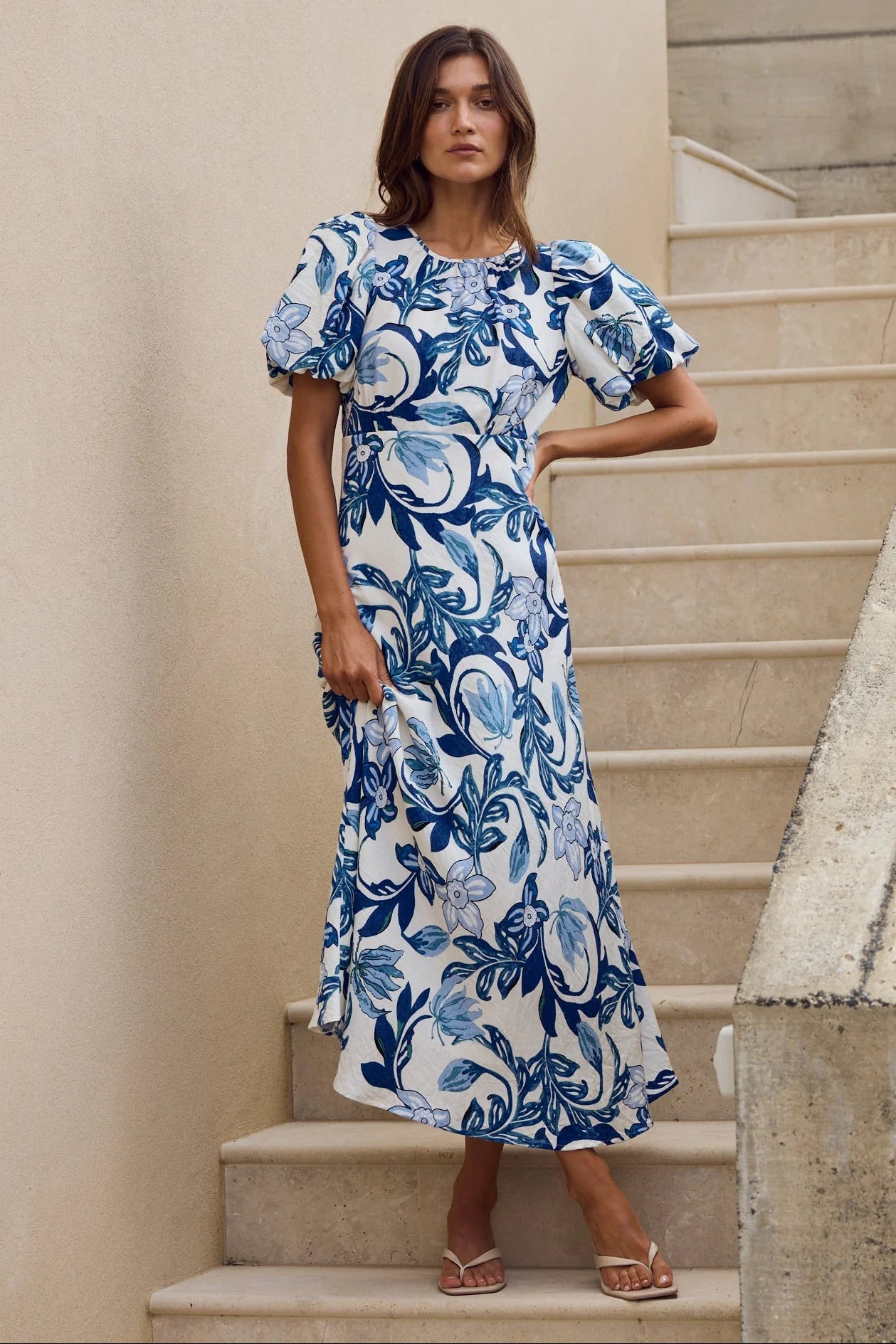 STORIES BE TOLD Stage Blue Floral Puff Sleeve Maxi Dress