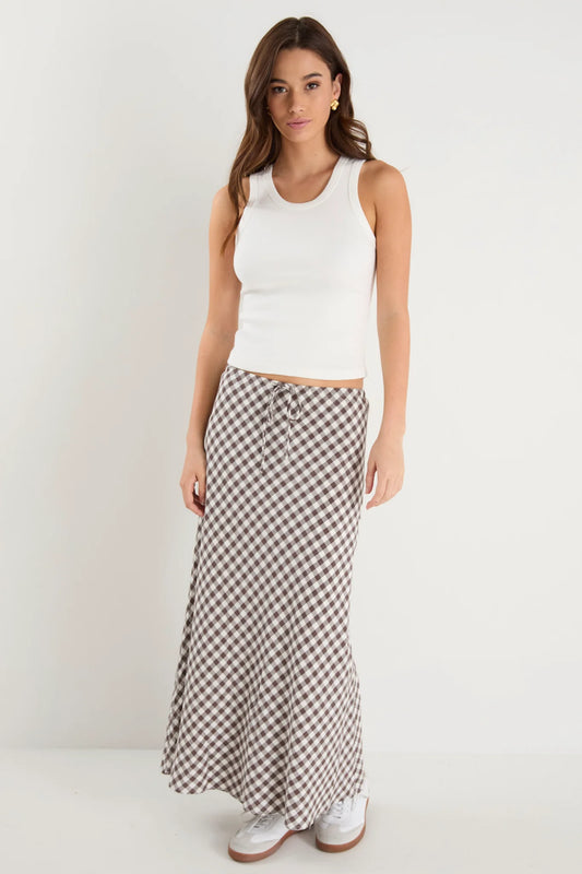 AMONG THE BRAVE Summit Chocolate Gingham Tie Waist Bias Skirt