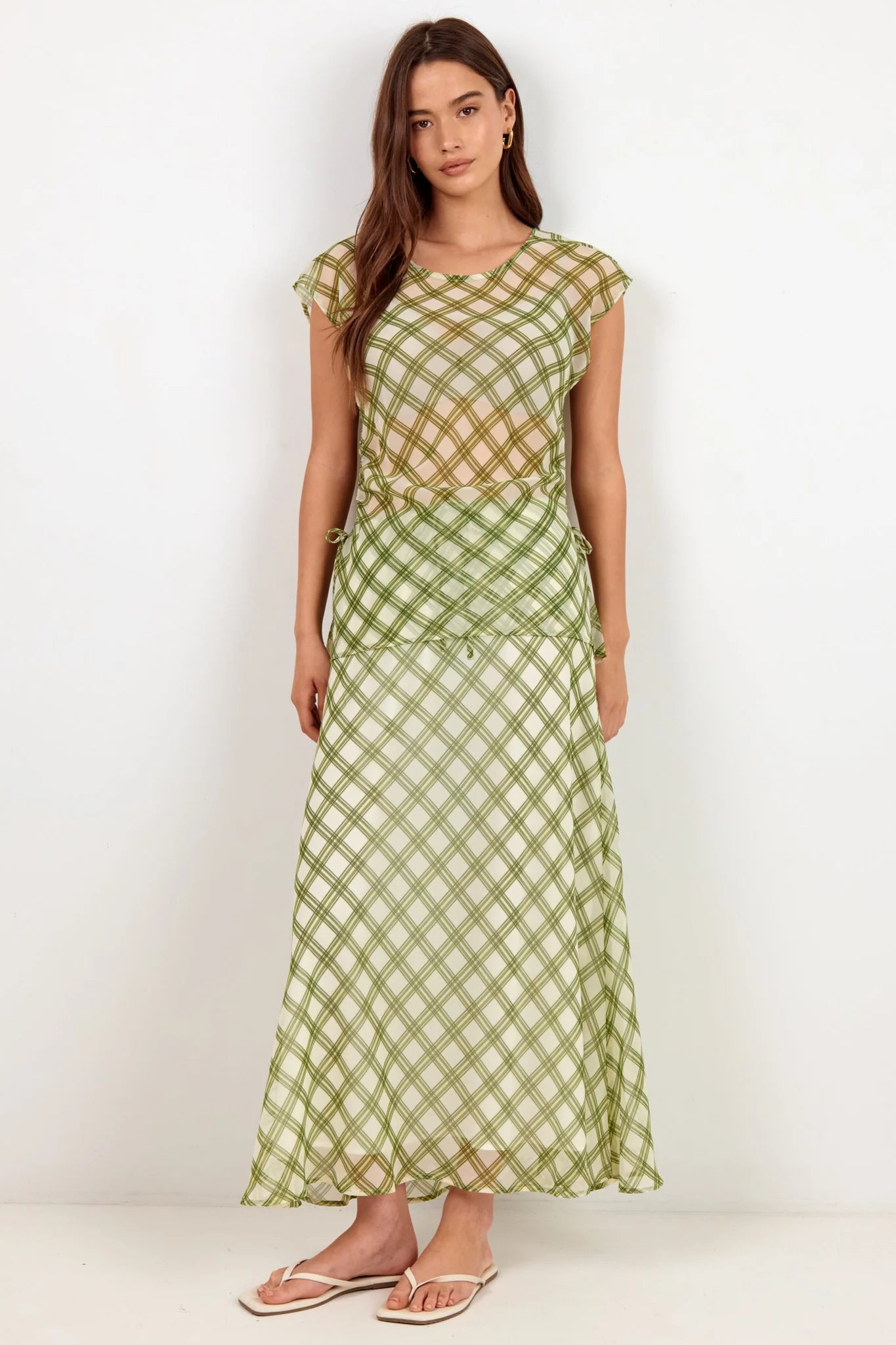 IVY + JACK Symmetry Avocado Check Chiffon Sheer Ruched Sleeveless Top