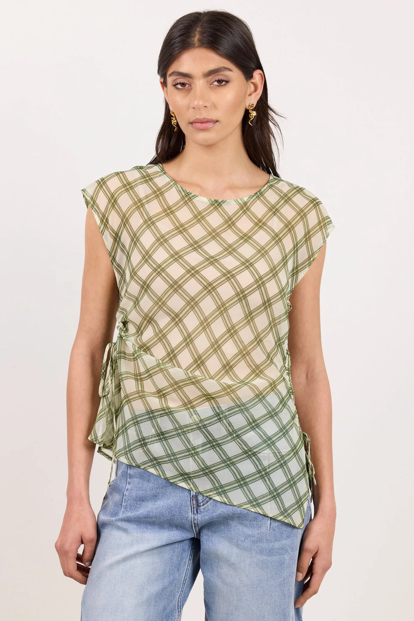 IVY + JACK Symmetry Avocado Check Chiffon Sheer Ruched Sleeveless Top