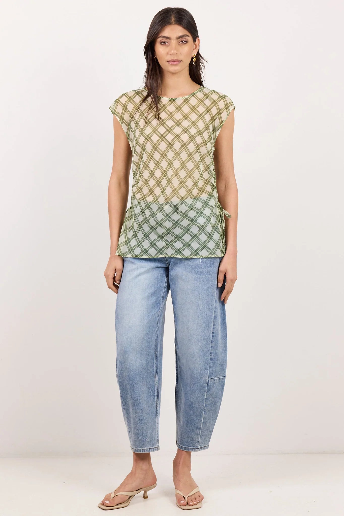 IVY + JACK Symmetry Avocado Check Chiffon Sheer Ruched Sleeveless Top