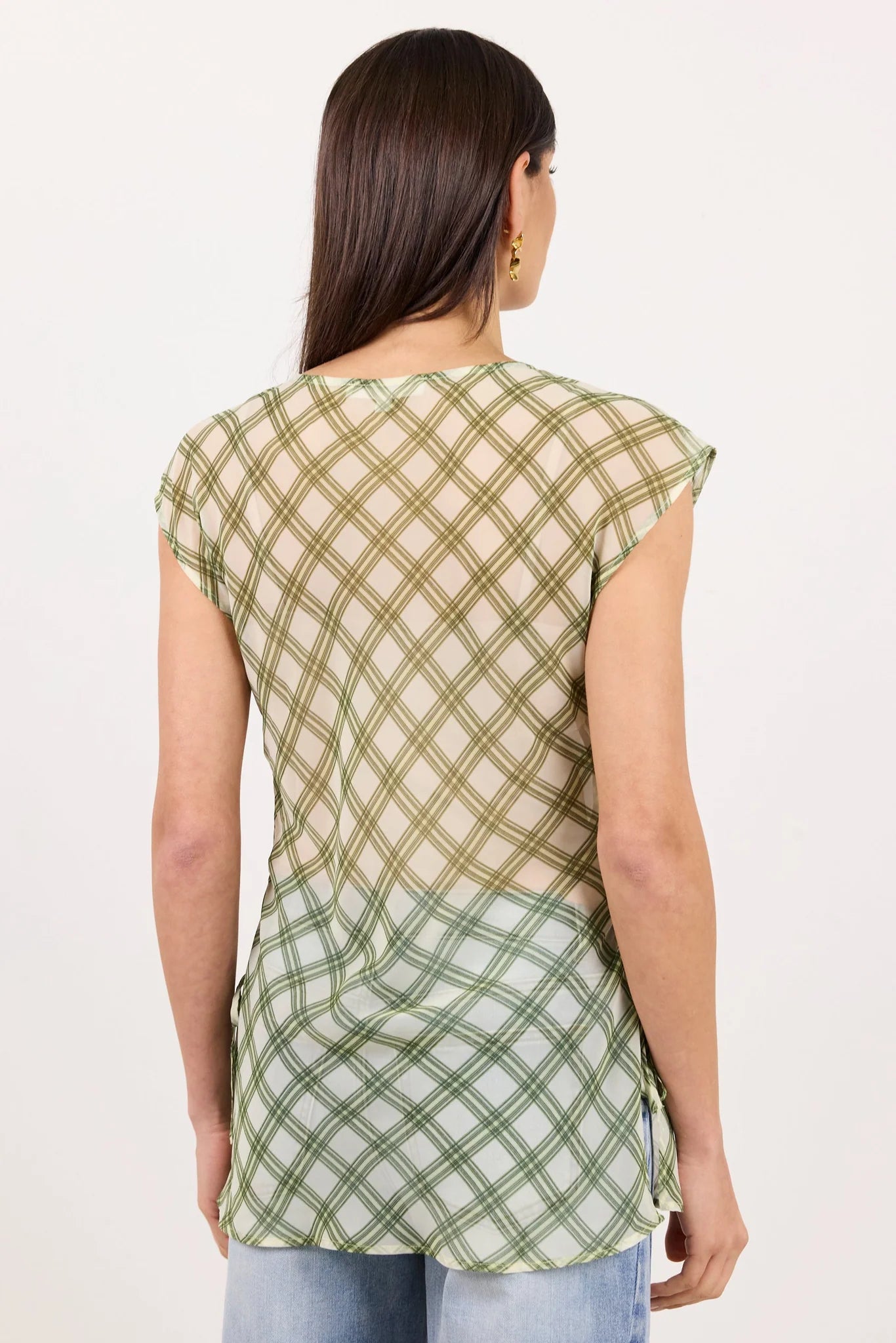 IVY + JACK Symmetry Avocado Check Chiffon Sheer Ruched Sleeveless Top