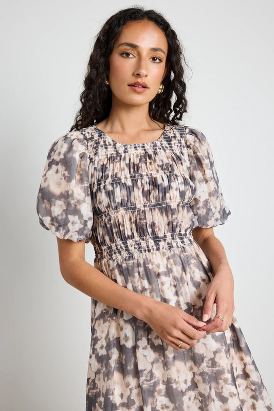 AMONG THE BRAVE Vacancy Chocolate Floral Puff Sleeve Dress