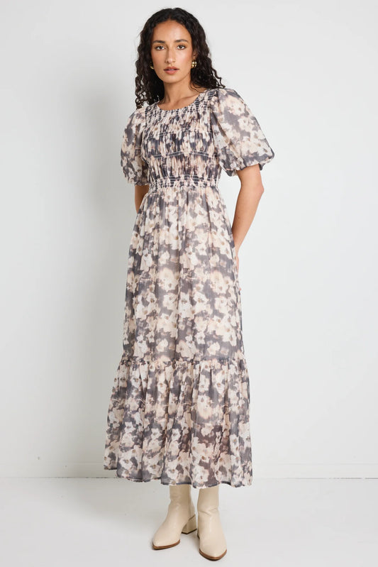 AMONG THE BRAVE Vacancy Chocolate Floral Puff Sleeve Dress
