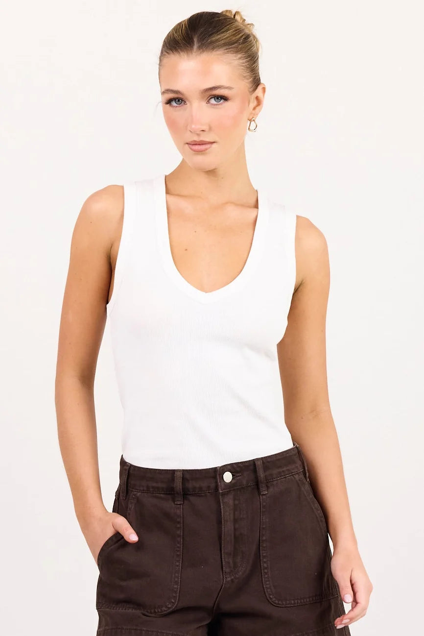 AMONG THE BRAVE Vale White V Neck Rib Tank