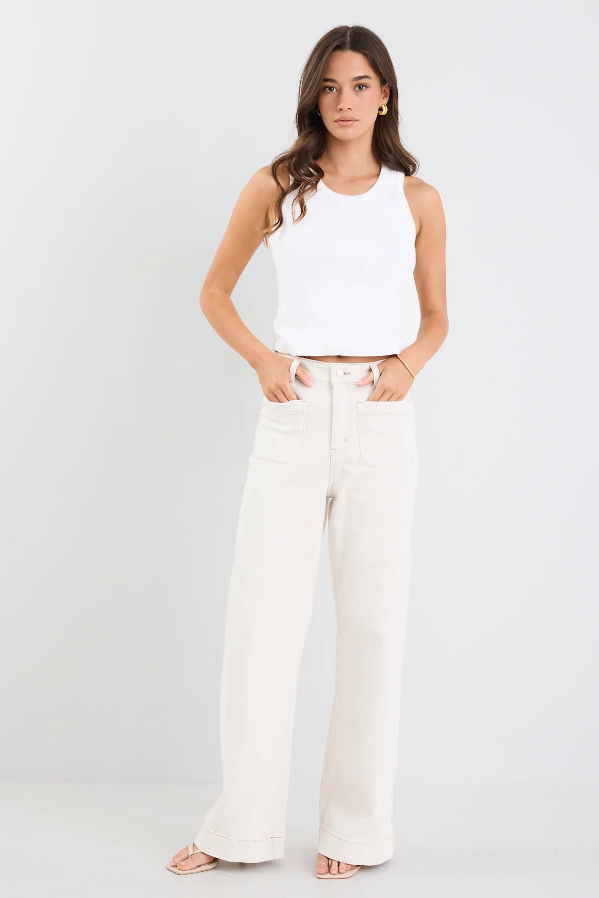 AMONG THE BRAVE Zoey High Rise Wide Leg Pocket Jean ECRU