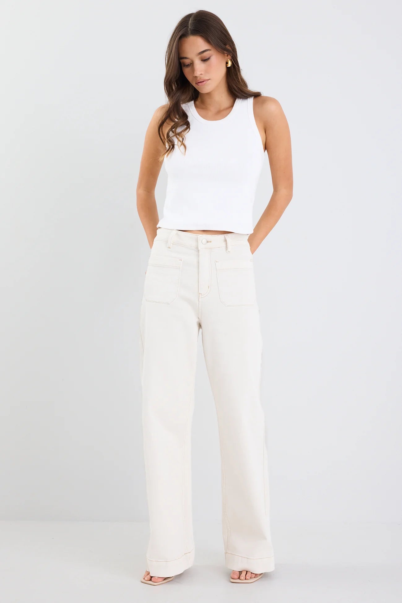 AMONG THE BRAVE Zoey High Rise Wide Leg Pocket Jean ECRU