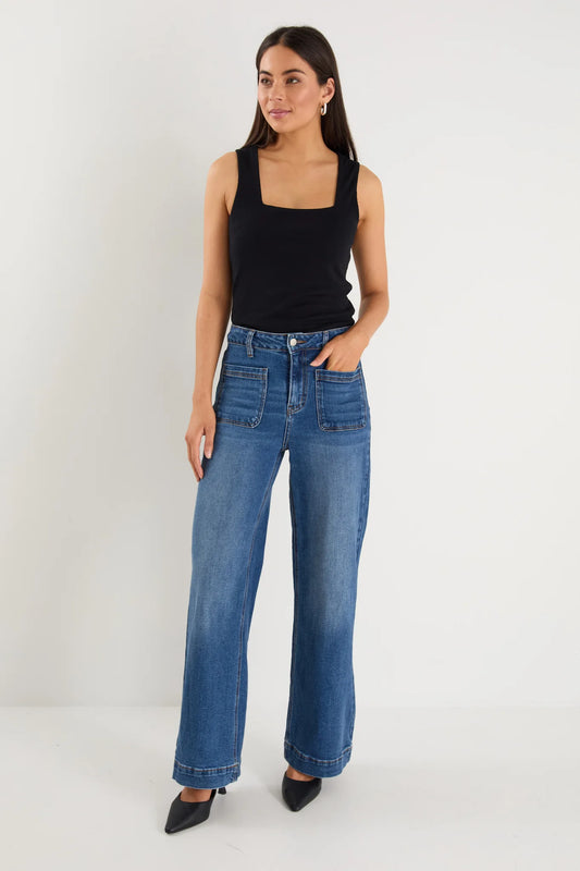AMONG THE BRAVE Zoey High Rise Wide Leg Pocket Jean Marine Blue PETITE